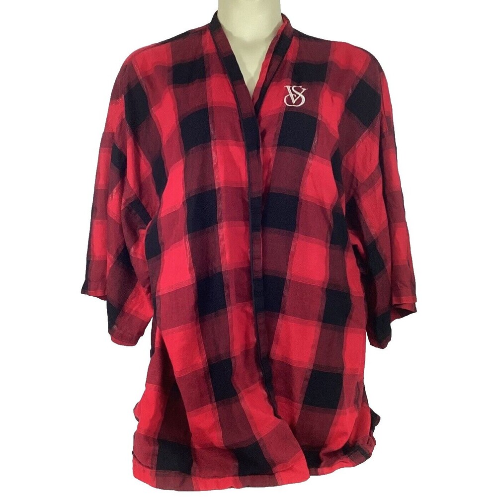 Victoria’s Secret-Women's Sz XL -Red/Black Plaid Short Robe-Lightweight-No Belt